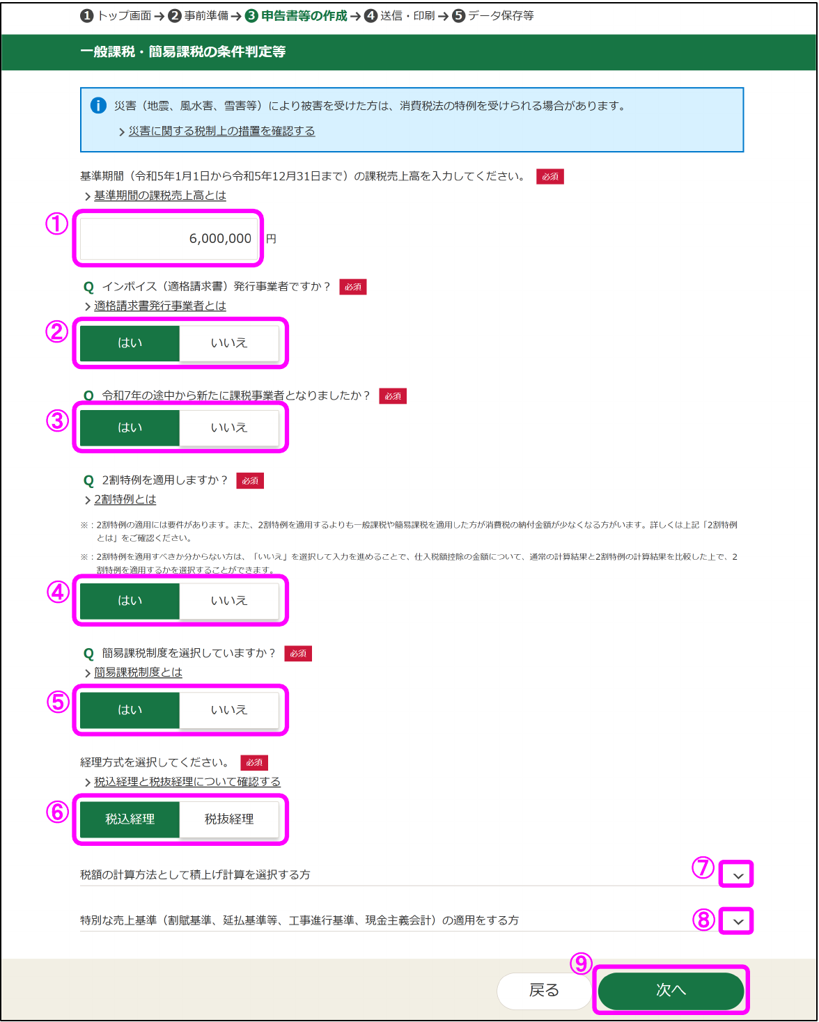 一般課税・簡易課税の条件判定等の画面（2割特例の選択）